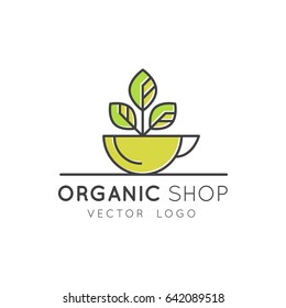 Vector Icon Style Illustration Logo for Organic Vegan Healthy Shop or Store. Green Natural Vegetable and Fruit Symbols, Farmer Market Countryside