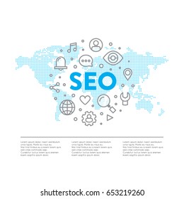 Vector Icon Style Illustration Logo Concept of SEO Search Engine Optimization Process with Worldwide Global Map Element