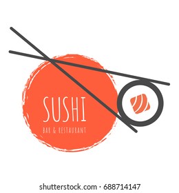 Vector Icon Style Illustration Logo of Asian Street Fast Food Bar or Shop, Sushi, Maki, Onigiri Salmon Roll with Chopsticks, Isolated Minimalistic Object. Sushi design element Isolated on white