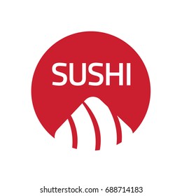 Vector Icon Style Illustration Logo of Asian Street Fast Food Bar or Shop, Sushi, Maki, Onigiri Salmon Roll with Chopsticks, Isolated Minimalistic Object. Sushi design element Isolated on white