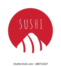 Vector Icon Style Illustration Logo of Asian Street Fast Food Bar or Shop, Sushi, Maki, Onigiri Salmon Roll with Chopsticks, Isolated Minimalistic Object. Sushi design element Isolated on white