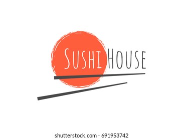Vector Icon Style Illustration Logo of Asian Street Fast Food Bar or Shop, Sushi, Maki, Onigiri Salmon Roll with Chopsticks, White background Isolated Minimalistic Object