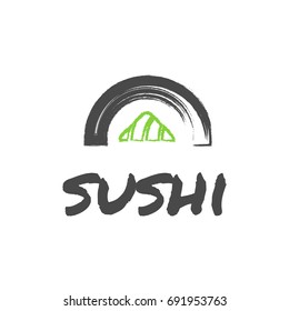 Ilustración con estilo de ícono vector Logo de Asian Street Fast Food Bar o Shop, Sushi, Maki, Onigiri Salmon Rollo con palillos, fondo blanco Objeto minimalista aislado
