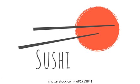 Vector Icon Style Illustration Logo of Asian Street Fast Food Bar or Shop, Sushi, Maki, Onigiri Salmon Roll with Chopsticks, White background Isolated Minimalistic Object