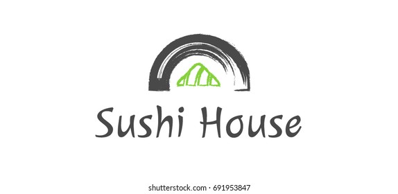 Vector Icon Style Illustration Logo of Asian Street Fast Food Bar or Shop, Sushi, Maki, Onigiri Salmon Roll with Chopsticks, White background Isolated Minimalistic Object