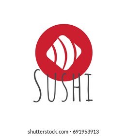 Vector Icon Style Illustration Logo of Asian Street Fast Food Bar or Shop, Sushi, Maki, Onigiri Salmon Roll with Chopsticks, White background Isolated Minimalistic Object