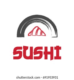 Vector Icon Style Illustration Logo of Asian Street Fast Food Bar or Shop, Sushi, Maki, Onigiri Salmon Roll with Chopsticks, White background Isolated Minimalistic Object