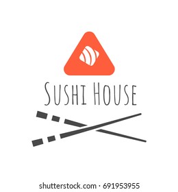 Vector Icon Style Illustration Logo of Asian Street Fast Food Bar or Shop, Sushi, Maki, Onigiri Salmon Roll with Chopsticks, White background Isolated Minimalistic Object
