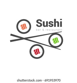 Vector Icon Style Illustration Logo of Asian Street Fast Food Bar or Shop, Sushi, Maki, Onigiri Salmon Roll with Chopsticks, White background Isolated Minimalistic Object