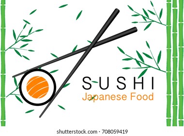 Vector Icon Style Illustration Logo of Asian Street Fast Food Bar or Shop, Sushi, Maki, Onigiri Salmon Roll with Chopsticks, Isolated Minimalistic Object