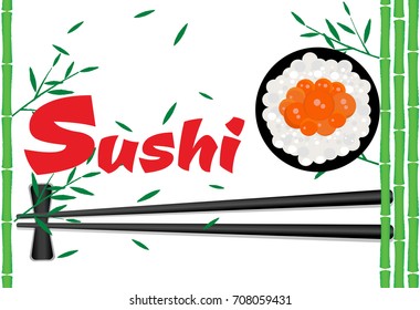 Vector Icon Style Illustration Logo of Asian Street Fast Food Bar or Shop, Sushi, Maki, Onigiri Salmon Roll with Chopsticks, Isolated Minimalistic Object