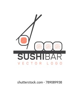 Vector Icon Style Illustration Logo of Asian Street Fast Food Bar or Shop, Sushi, Maki, Onigiri Salmon Roll with Chopsticks, Isolated Minimalistic Object