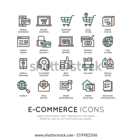 Vector icon style illustration logo thin line shipping services and facilities online shopping, delivery and returns, e-commerce and m-payment concept