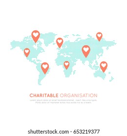 Vector Icon Style Illustration Map Background for Nonprofit Organizations and Donation Centre. Fundraising Symbols, Crowdfunding and Charity Project Label, Heart Geo Tag