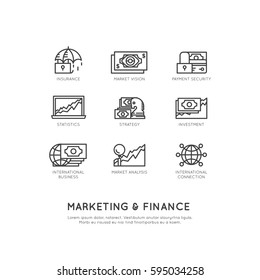 Vector Icon Style Illustration of Marketing and Finance, Business Vision, Investment, Management Process, Finance Job, Income, Revenue Source, Marketing Skill, Isolated Minimalistic Objects