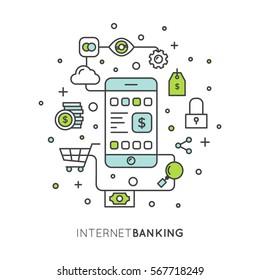 Vector Icon Style Illustration Of Mobile Internet Banking Application Service Account Profile, Secure Payments, Deposit, Transaction, Information Check, Shopping, Offers, Media, Buying, Purchasing 