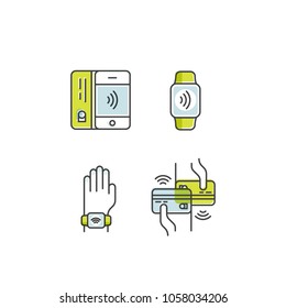 Vector Icon Style Illustration of NFC Payment made through watch. Hand wearing wristband. Mobile Pay or making a purchase contactless or wireless manner via POS Terminal. Mobile Banking and Payments