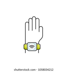 Vector Icon Style Illustration of NFC Payment made through watch. Hand wearing wristband. Pay or making a purchase contactless or wireless manner via POS Terminal. Mobile Banking and Payments