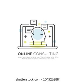 Vector Icon Style Illustration of Online Consultation Platform Concept with Dialog Box and Human Profile on Laptop Screen, Isolated Web Element