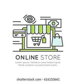 Vector Icon Style Illustration of Online Store Market, Shopping Basket Cart, Buying, Internet Surfing, Best Offer Purchase, Isolated Modern Background for Web and Mobile