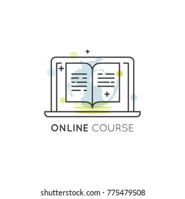 Vector Icon Style Illustration Of Online Course Library, Study Material On Laptop Screen With Globe