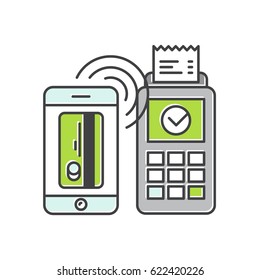 Vector Icon Style Illustration of POS terminal confirms the payment made through mobile phone. Concept icons NFC payments in a flat style. Pay or making a purchase contactless or wireless manner