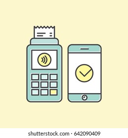 Vector Icon Style Illustration of POS terminal confirms the payment made through msmart watch. NFC payments in a flat style. Pay or making a purchase contactless or wireless manner. Mobile Banking