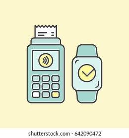 Vector Icon Style Illustration of POS terminal confirms the payment made through msmart watch. NFC payments in a flat style. Pay or making a purchase contactless or wireless manner. Mobile Banking