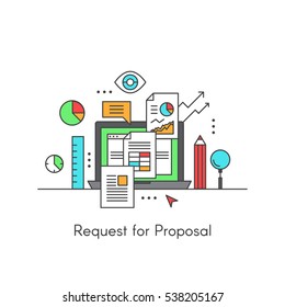 Ilustração de estilo de ícone vetorial de solicitação de proposta de RFP, imagem editável com documentos, computador, gráfico de barras, olho, estatística, monitoramento