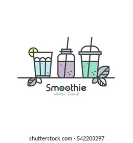 Vector Icon Style Illustration Set of Vegan or Vegetarian Smoothie Fruit Drink Detox with Leafs