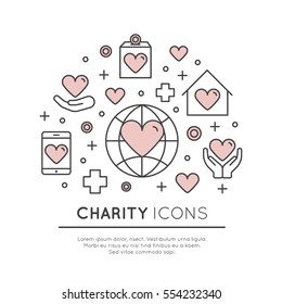 Vector Icon Style Illustration Set of Graphic Elements for Nonprofit Organizations and Donation Centre. Fundraising Symbols, Crowdfunding Project Label, Charity Logo