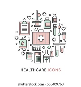Vector Icon Style Illustration Set of Medical and Healthcare Research  Items, Insurance, MRI, Scan, Check-Up Forms, Blood Testing. Isolated Objects for Medical Poster