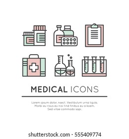 Vector Icon Style Illustration Set of Medical and Healthcare Research  Items, Insurance, MRI, Scan, Check-Up Forms, Blood Testing. Isolated Objects for Medical Poster