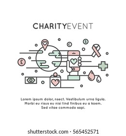 Vector Icon Style Illustration Set of Graphic Elements for Nonprofit Organizations and Donation Centre. Fundraising Symbols, Crowdfunding Project Label, Charity Logo, Mobile Charity