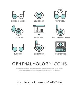 Vector Icon Style Illustration Set of Ophthalmology Healthcare, Medical Diagnosis, Human Vision Concept