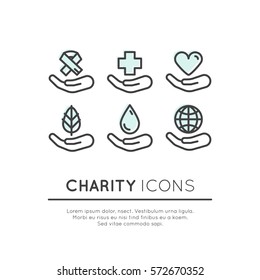 Vector Icon Style Illustration Set of Graphic Elements for Nonprofit Organizations and Donation Centre. Fundraising Symbols, Crowdfunding Project Label, Charity Logo