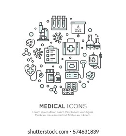 Vector Icon Style Illustration Set of Medical and Healthcare Research  Items, Insurance, MRI, Scan, Check-Up Forms, Blood Testing. Isolated Objects for Medical Poster