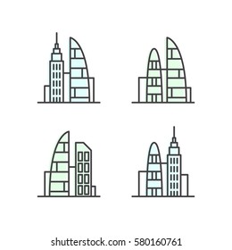 Vector Icon Style Illustration Set of  Smart Modern City, New Eco District, Skyscraper Town Concept, One page web site background