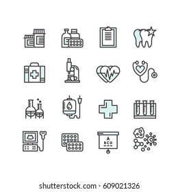 Vector Icon Style Illustration Set of Medical and Healthcare Research  Items, Insurance, MRI, Scan, Check-Up Forms, Blood Testing. Isolated Objects for Medical Poster