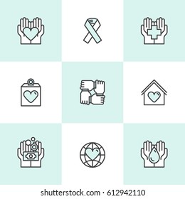 Vector Icon Style Illustration Set of Graphic Elements for Nonprofit Organizations and Donation Centre. Fundraising Symbols, Crowdfunding Project Label, Charity Logo, Cooperation, Volunteer, Support