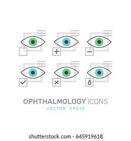 Vector Icon Style Illustration Set of Ophthalmology Healthcare, Medical Diagnosis, Human Vision Concept