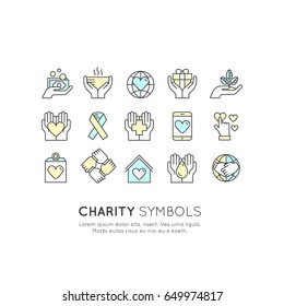 Vector Icon Style Illustration Set of Graphic Elements for Nonprofit Organizations and Donation Centre. Fundraising Symbols, Crowdfunding Project Label, Charity Logo, Cooperation, Volunteer, Support