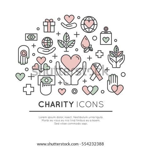 Vector Icon Style Illustration Set of Graphic Elements for Nonprofit Organizations and Donation Centre. Fundraising Symbols, Crowdfunding Project Label, Charity Logo