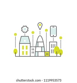 Vector Icon Style Illustration of Smart City Concept and Technology, One Page Web or Mobile Template Composition with Cloud, Buildings, Devices and Smart Solutions