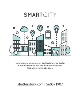 Vector Icon Style Illustration of Smart City Concept and Technology, One Page Web or Mobile Template Composition with Cloud, Buildings, Devices and Smart Solutions