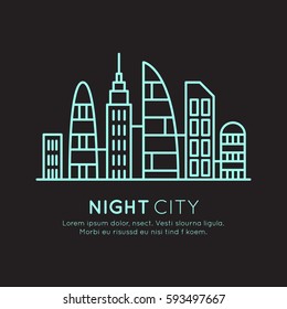 Vector Icon Style Illustration of  Smart Modern City, New Eco District, Skyscraper Town Concept, Night Neon Light, One page web site background