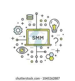 Vector Icon Style Illustration of Social Network Media Marketing Concept. Cloud, sharing, following, target audience, promotion process, Modern Bubble Cloud Elements
