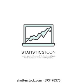 Vector Icon Style Illustration of Statistics, Infographics, Info, Graphic Information Monitoring and Management, Laptop Screen, Isolated Minimalistic Object