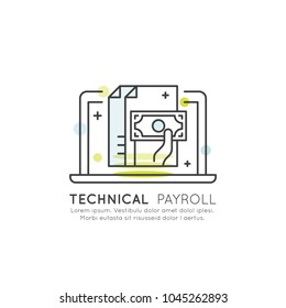 Vector Icon Style Illustration of Technical Payroll Concept with Hand Holding Money Banknote on Laptop Screen, Isolated Web Element