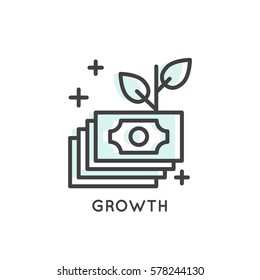 Vector Icon Style Illustration Tree Growing from Seed with Three Leafs; Start Up; New Idea; Growth; Money Flow; Income; Business and Finance Strategy Concept; Isolated Simple Sign